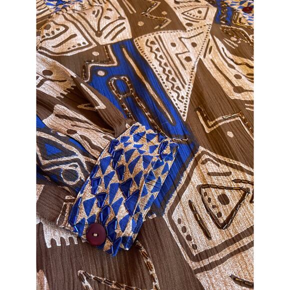 VTG Audrey Jones Beaded  Boho Tribal Print Brown & Blue Oversized Button Up 1X - Picture 11 of 14